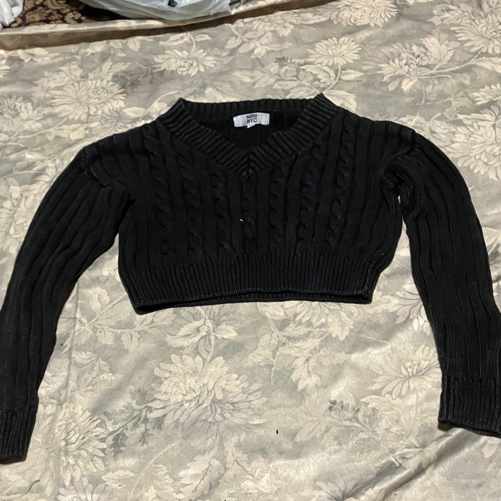 Black Cropped Madden NYC V-Neck Cable Knit Sweater